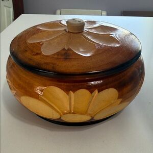 Vintage Wooden Carved Floral Bowl with Decorative Lidded